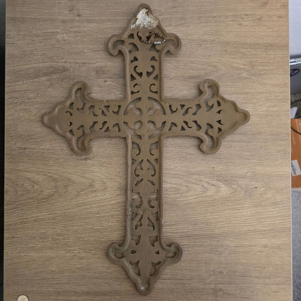 Cast Iron Hanging Cross Scrollwork Rustic Brown Finish Religious Heavy - Picture 4 of 10